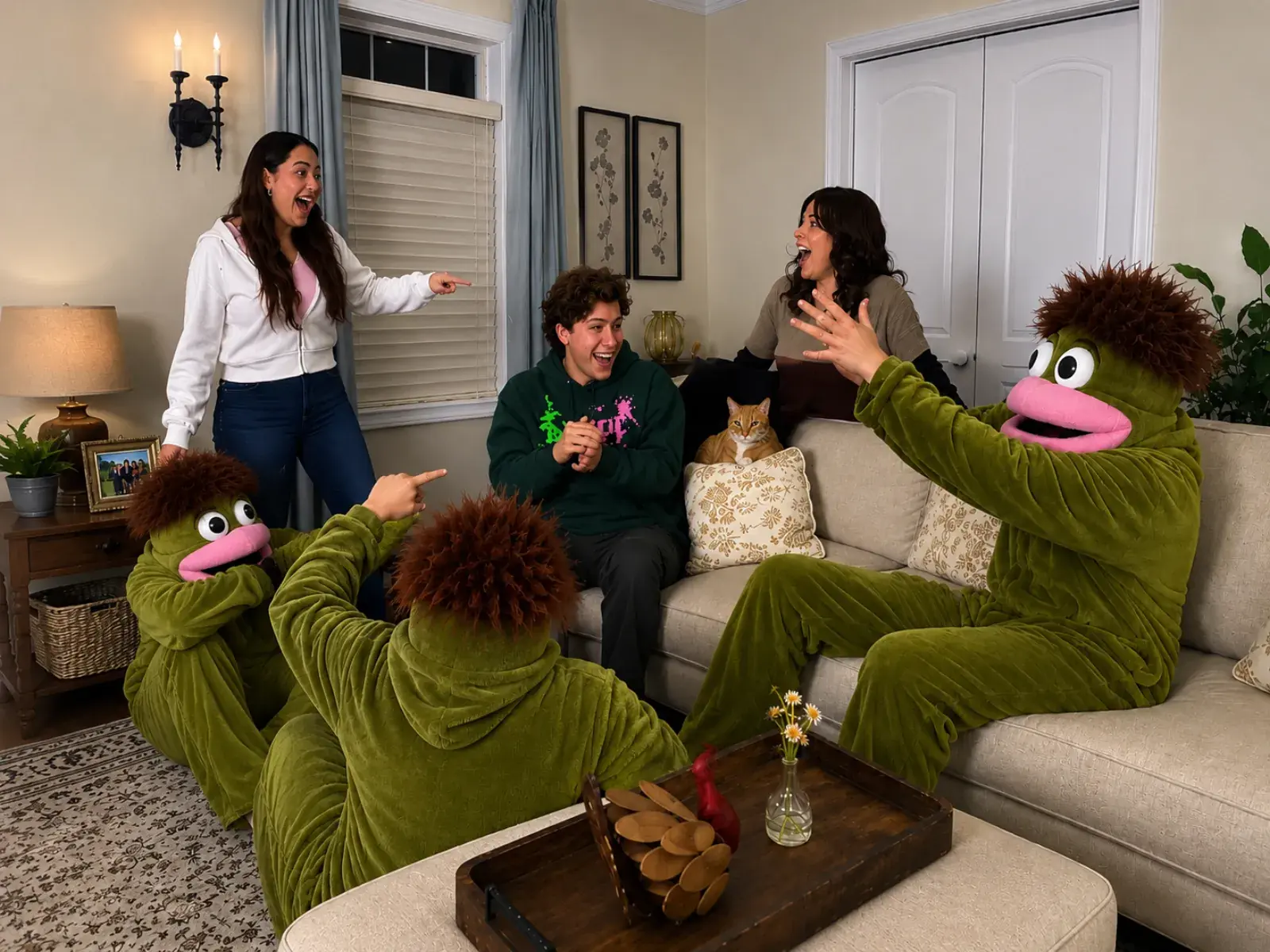 Friends laughing with the FroggedUp onesie